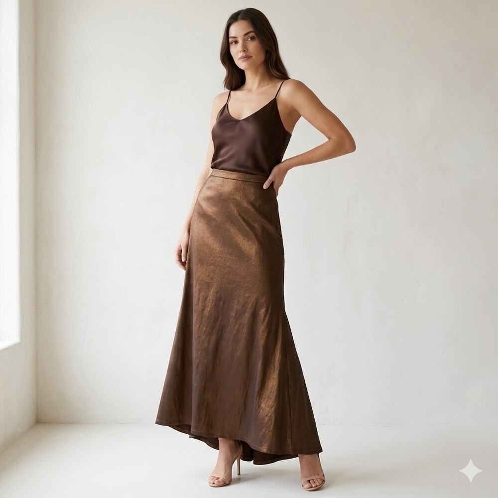 Tadashi Women's Size 10 Maxi Skirt Metallic‎ Bronze Brown Shimmer A-Line Long